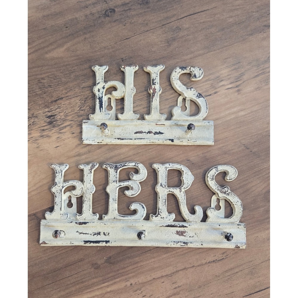 Vintage Style Cast Iron His and Hers Wall Hooks Distressed Cream Set of 2